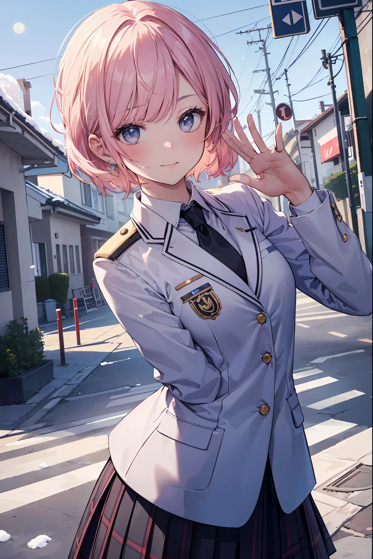 (superlative quality work by the Creator God: 1.4), (absolute resolution: 1.4), (greatest masterpiece by the God of Arts and Sciences: 1.4), (intricate, meticulously detailed and realistic materials and textures and light sources: 1.3), (perfect anatomy: 1.2),

BREAK.

This illustration features a [((cute))):1.3] girl with [((pink))):0.9] hair in a one-length braided bob cut short hair. She is wearing a uniform from a well-known school where blazers are popular, with a deep gray blazer, white piping, and a fresh blue checked skirt. She is drawn to evoke realistic fabrics and textures, and the buttons on her blazer and pleats on her skirt are finely rendered. She is smiling and waving at the camera. The background is the school gate of her school, covered with [((white)):0.9] snow. The sky is [((blue)):0.9] clear and the moon is shining. This illustration shows the contrast and wonder of spring and winter.

BREAK

(Depth of field: 1.4), looking at the viewer, ((perfect pixels, 8K wallpaper )), one girl, single, alone, reincarnated appearance of Aphrodite, goddess of beauty, beauty of the highest order,

BREAK

Aphrodite's reincarnated appearance as a goddess of beauty, immense beauty, BREAK, super exquisite skin, (best lighting by a famous artist: 1.2), (charming poses acting instruction by a very famous master: 1.4), cute illustrations.