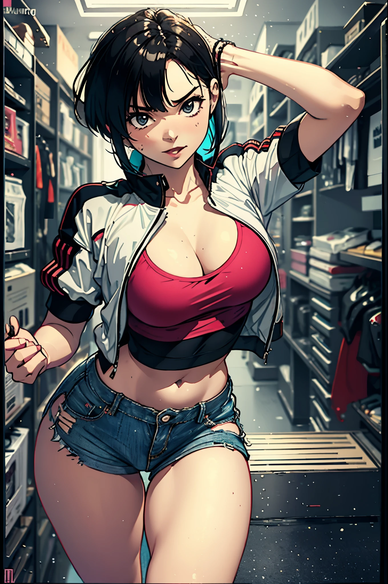 Videl, muito sensual, com roupas de funkeira, brasileira, rio de janeiro, dancing funk, rebolando, bunda grande, pernas grossas, usando um short jeans extremamente curto, usando uma mini blusa, umbigo com pirsing, sneakers Nike, cabelo grande, Speaker behind, corpo inteiro, muito realista, extremamente sexy, 8k, 8k extremamente detalhado), (um extremamente delicado e bonito), (obra-prima), (melhor qualidade: 1.0), (ultra highres:1.0)