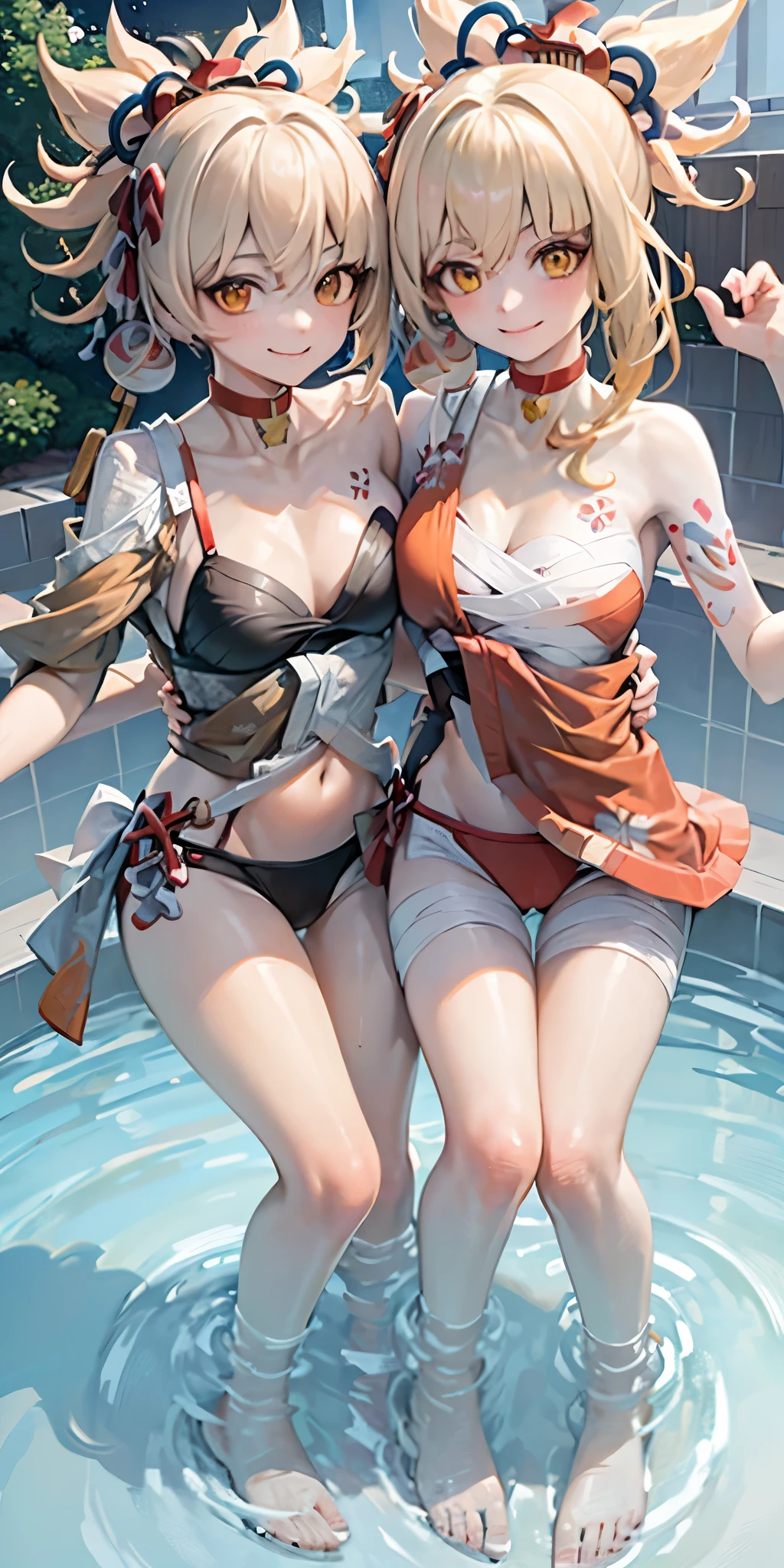 2 girls of the same height smiling in the water in the bathtub,No teeth exposed. Female twins, bright colors,natural lighting, best quality, Chest to chest, hug each other with your arms'waist, sunny masterpiece, Navel exposed, blush, Navel exposed, swimsuit, full, super, Breasts next to each other, firm and slender big breast