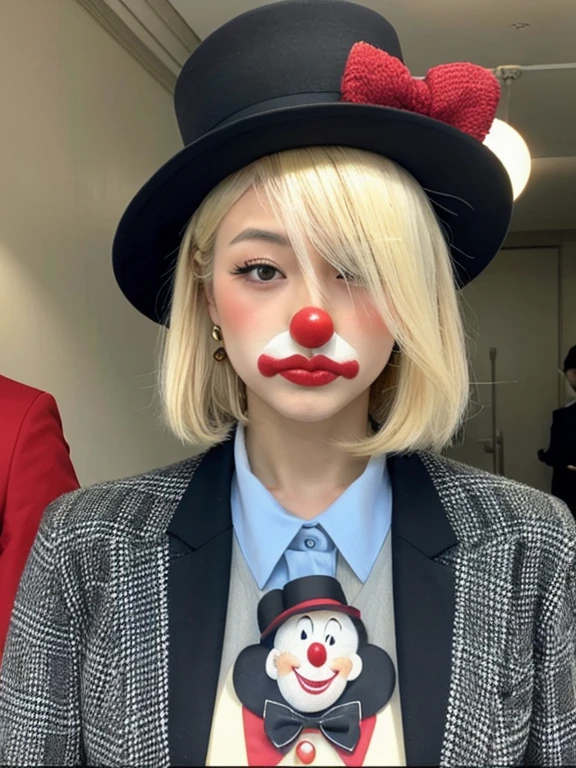 Remarks at the Diet, Japanese, woman, Santa Claus, suit figure, gal, hair is blonde, heavy makeup, Clown face