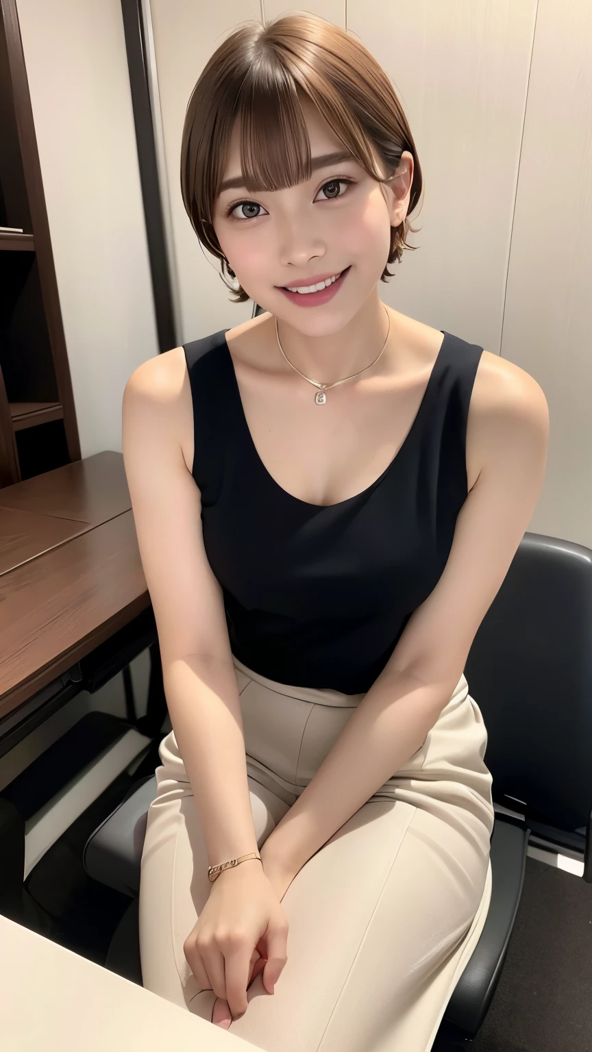 Light brown shorthair、Beautiful woman with white skin、Beautiful symmetrical face、Please look closely at the camera、Please show your ears、cute smile、beautiful teeth、beautiful teeth alignment、Shorthair that feels movement、hair between eyes、crossed bangs、{huge|big|hugeな|mega} Beautiful 16 year old woman、Beautiful supermodel with a small face、very tall supermodel、Supermodel with a long neck、Show off your beautiful décolleté、Tilt your neck slightly to the right、Tilt the body slightly to the left、Very beautiful smile、Iridescent very artistic fine technique brush paint background、Beautiful woman full of very adult charm、Being in the company、desk、computer、document、office casual uniform、accessories、Foliage plant、Thin silver-rimmed glasses、adult woman、((whole body、from the knees up、real、High-quality photos、))