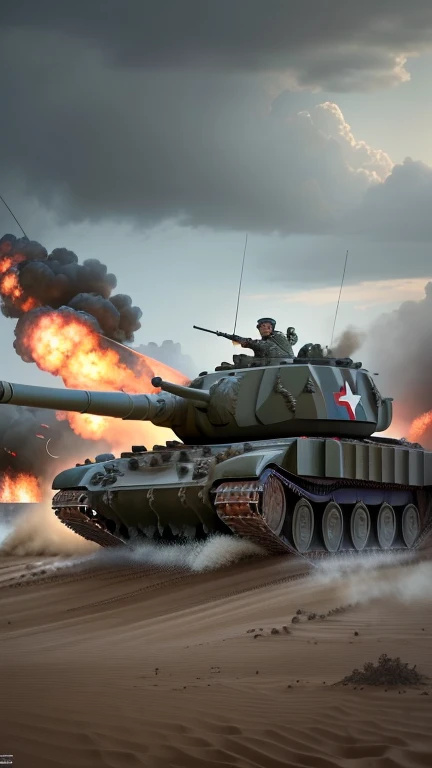 (masterpiece, photographic, best quality:1.3), gripping images capturing the intensity of the battlefield, (mighty tanks in action:1.2), roaring engines, detailed artillery personnel, (flags fluttering in the chaos:1.1), immersive war-torn landscape showcasing military might, vibrant explosions, high-resolution clarity, detailed composition, capturing the essence of a thunderous battle, dynamic poses of tanks and rocket launchers, a chaotic yet coordinated symphony of war.