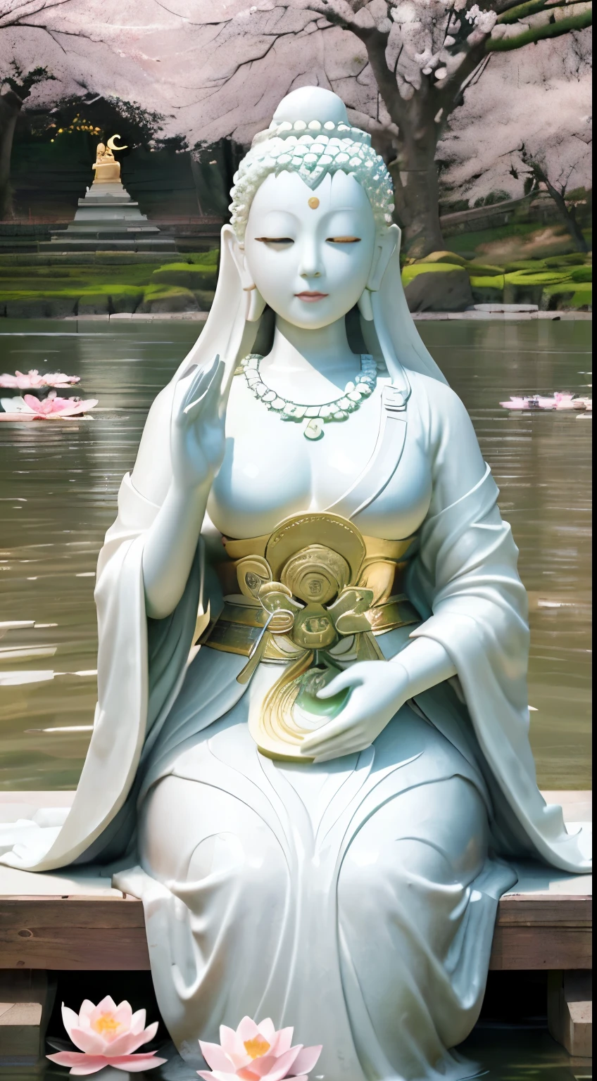 (masterpiece),(highest quality),(super detailed), (Buddha statue), (body:1.2), 1 guanyin, guanyin, One, Hand Cloth, cross One's hands, put your hands together, bright white, floating in a powerful zen state, with lotus flowers, white skin, Amitayus, sitting on a lotus flower, Holding hands and chanting the Buddha's name, huge moon, temple, Wearing clothes, white skin, round face, kind, kind, look, Mountain, wood, cherry blossoms, forest, bird, cloud, dew, green, white skin, white pink, (beautiful detailed face), (surrealism), (close your eyes),