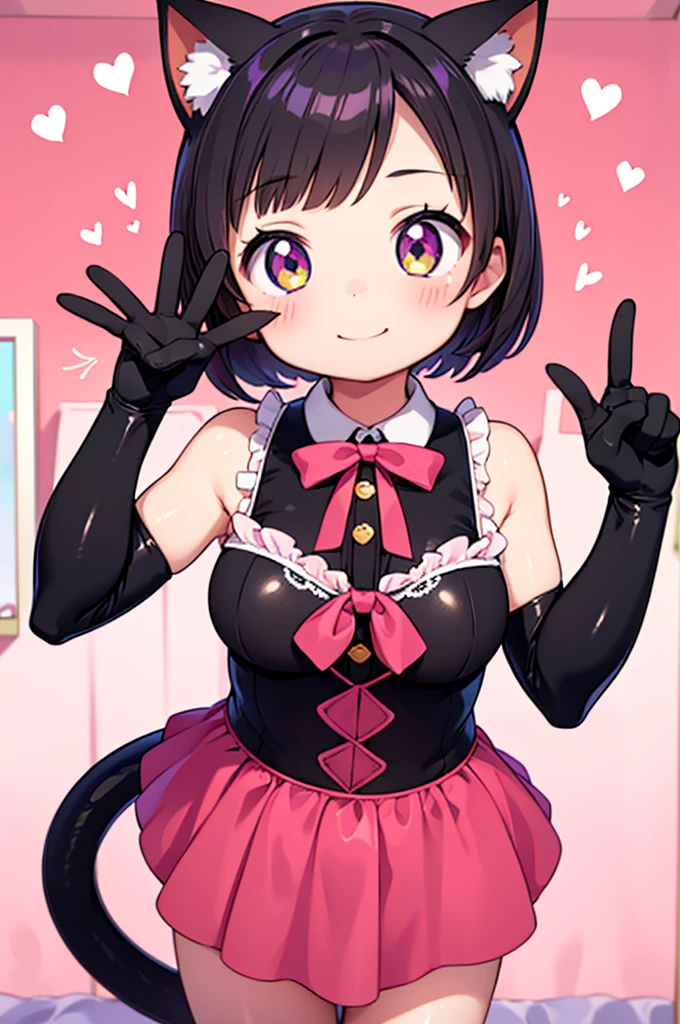 1 girl,catwoman,animal ears,Tail,looking at the audience,Smile,peace sign,pink kawaii room,heart project,ribbon,permanent,White