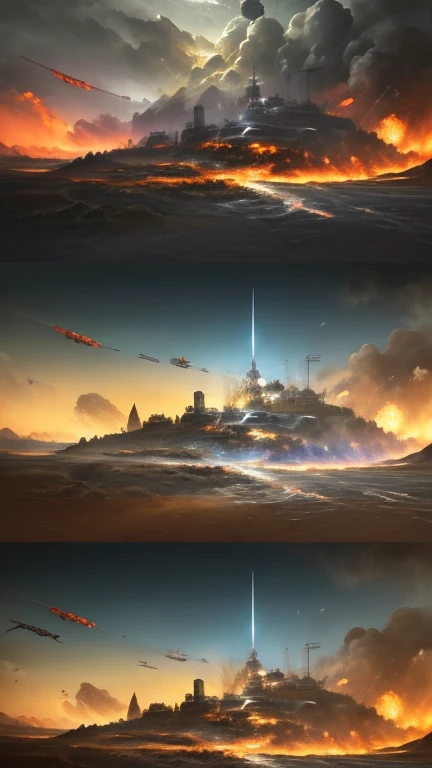 (masterpiece, symbolic, illustration, best quality:1.3), visual representation of a battlefield panorama, (tank formations advancing:1.2), rockets streaking across the sky, harmonious color palette of chaos and destruction, detailed depictions of soldiers in strategic positions, (bridging firepower and strategy:1.1), symbolic gestures of coordinated warfare, flourishing landscapes of war-torn zones, detailed expressions reflecting the ferocity of battle, vibrant textures, high-resolution rendering, a visual journey through the depth and chaos of a warfront collage.
