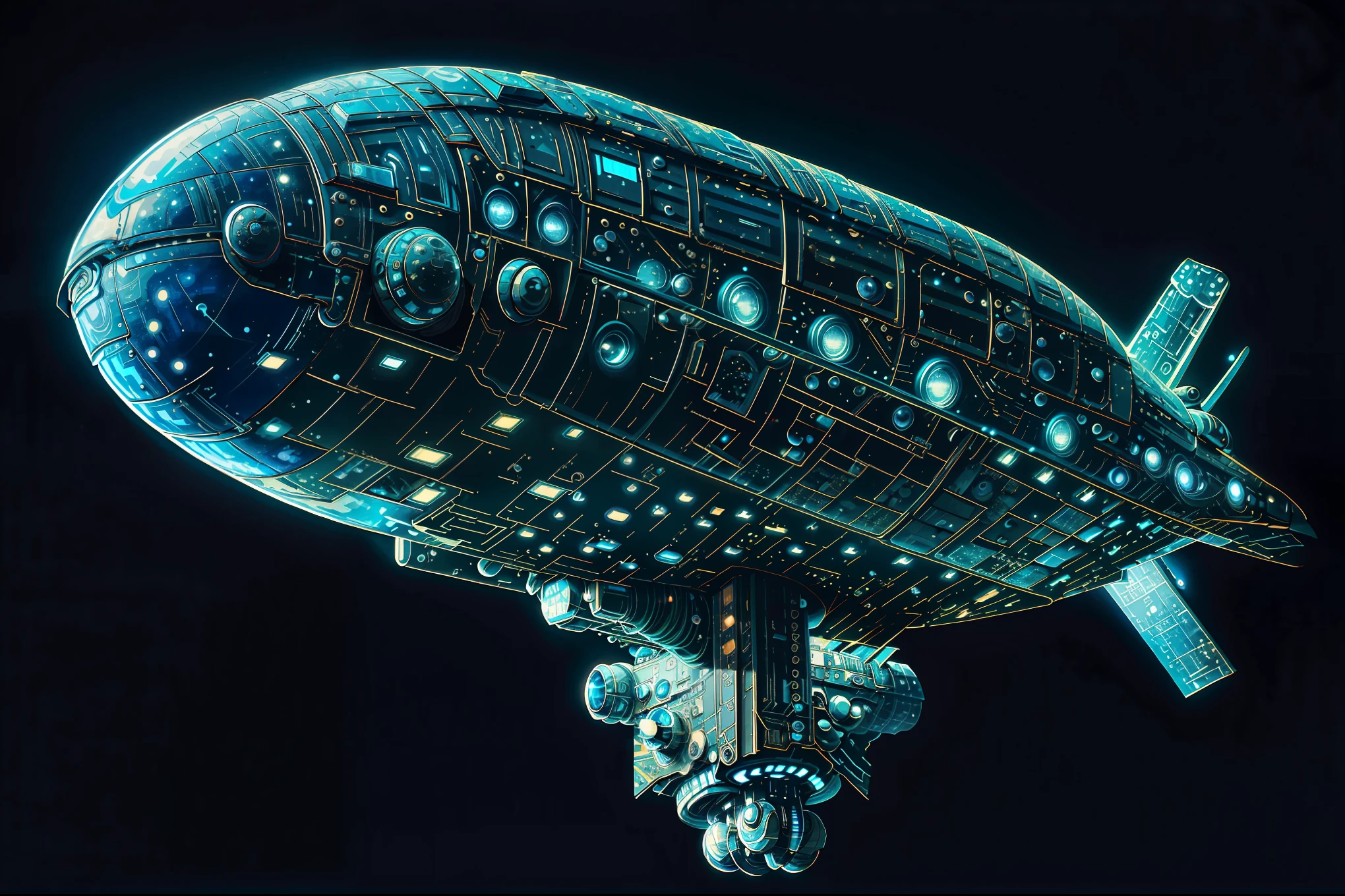 (Very detailed, high contrast, HD, High resolution best quality masterpiece),space science fiction,cyberpunk,(spacecraft:1.3),(spaceship as prototype:1.4),CircuitBoardAI,blue glowing pipe,