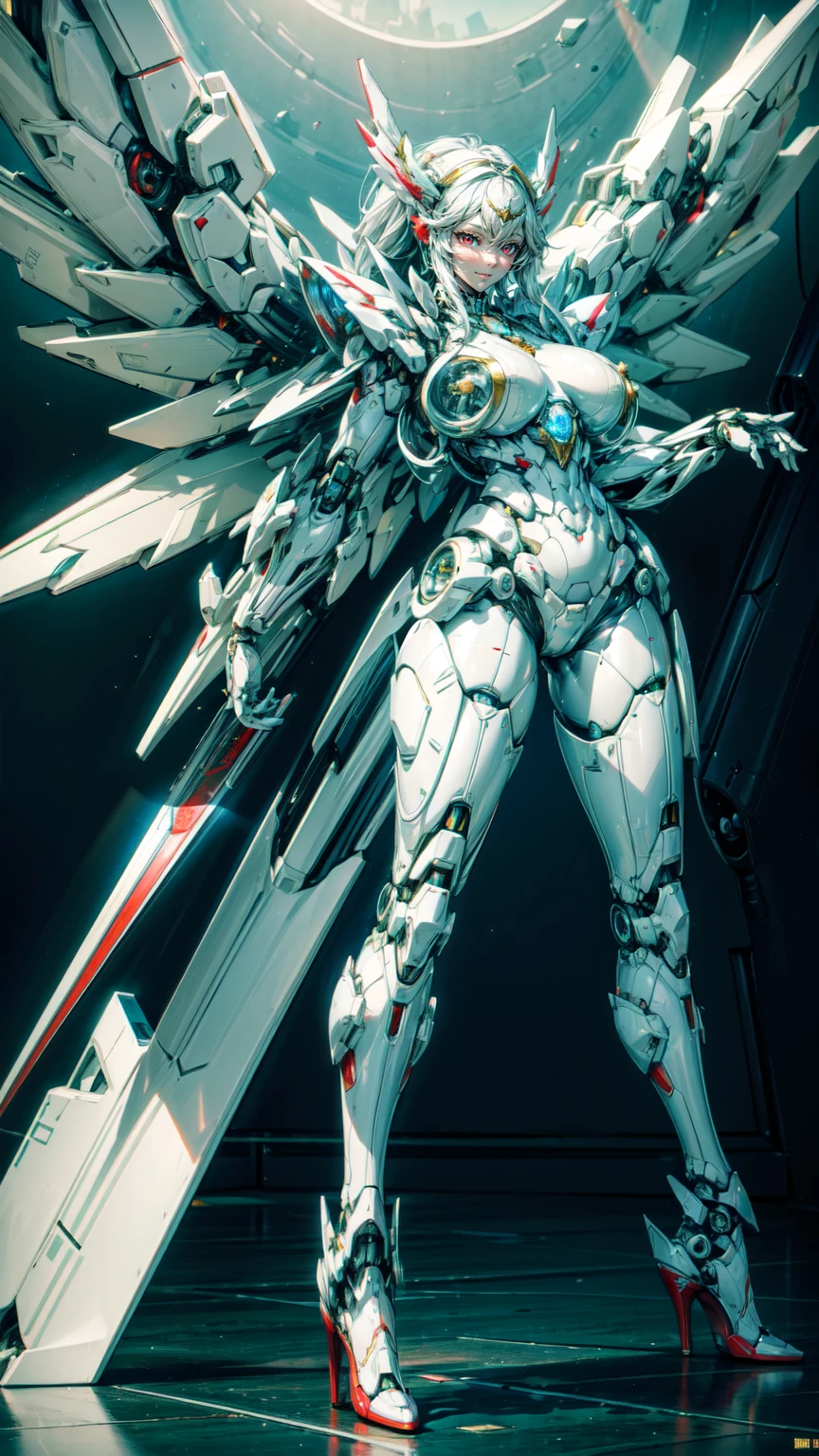 A beautiful mechanical girl，mechanical angel，There are huge white mechanical wings on the back，tall，Perfect mechanical body，Intricate white mechanical bodysuit，sense of the future，science fiction style，（White mechanical body：1.3），White robotic arm，Red manipulator，Mechanical neck，Mechanical details，金属luster，Mechanical chest，Plump breasts，Plump buttocks，High heel，sexy，grace，Temperament，long white hair，red eyes，finely quality eyes，beautiful face，Smile，luster，（bust：1.5），perfect details，Ray tracing，8K，highest resolution，work，highest quality，Science fiction works，Character focus，daytime，sunny，sunny，blue sky，Baiyun，Fly in the sky