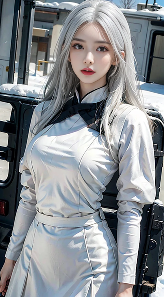Photorealistic, high resolution, 1womanl, Solo,Snow background, looking to the camera, (Detailed face), White hair, SWAT vests, Gun, jewelry,Fingers are occluded