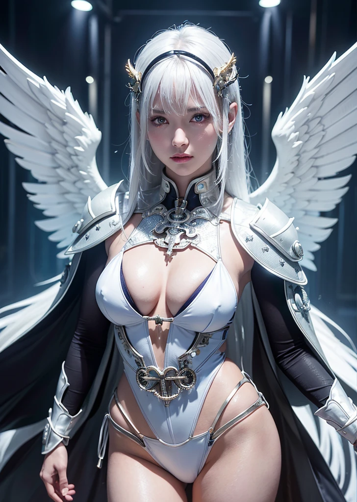 top-quality、masterpiece、超A high resolution、(Photorealsitic:1.4)、Raw photo、Powered Suit Angel、large wings made of metal、White porcelain body、Acrylic Clear Cover、white hair、glowy skin、1 Powered Suit Girl、((super realistic details))、portlate、globalillumination、Shadow、octan render、8K、ultrasharp、character edge light,Colossal tits、Raw skin is exposed in cleavage、Details of complex ornaments、Sumerian details、Hydraulic cylinder、Small LED lamp、highly intricate detail、Realistic light、a purple eye、radiant eyes、Facing the camera、neon details、cowboy shot、Futuristic headgear、The background is a steampunk city、、