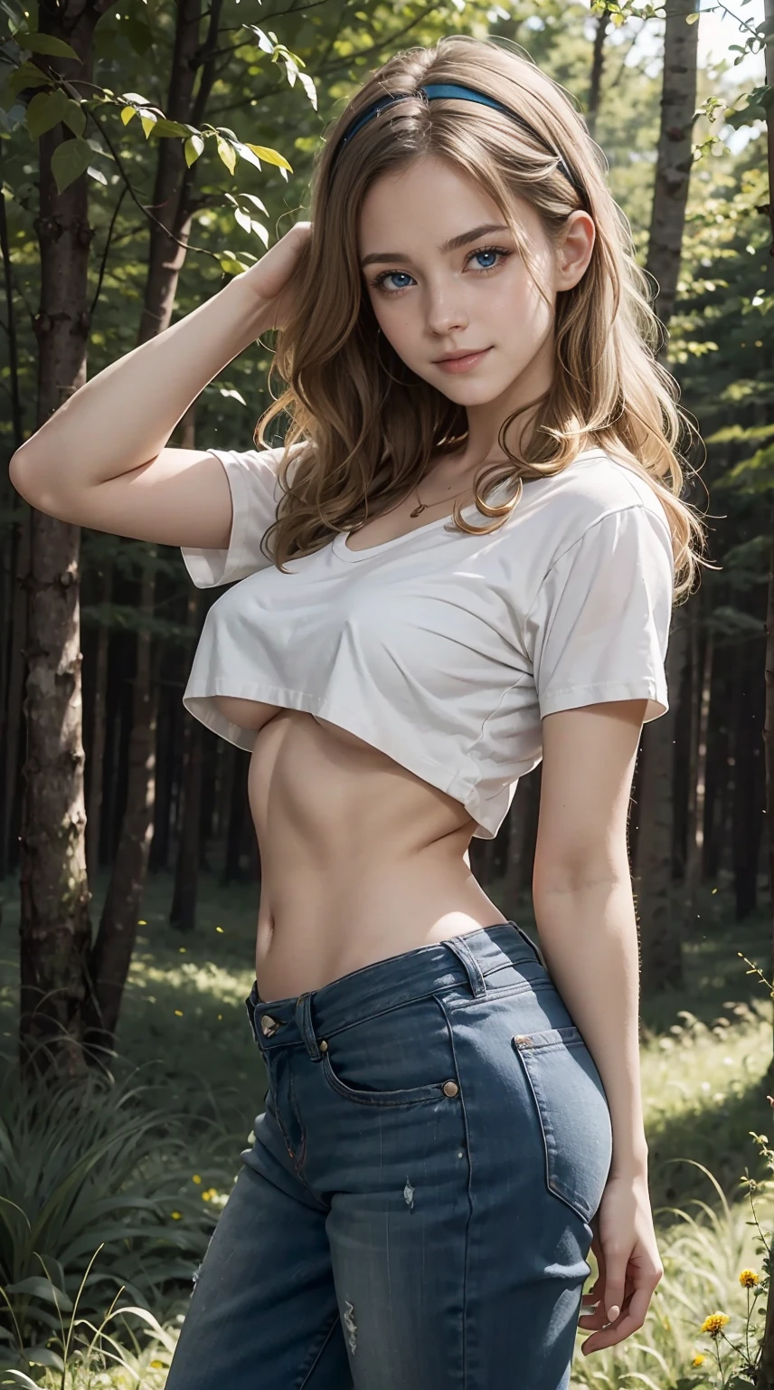 American white woman with unparalleled looks、Shedding white skin、dark blonde、medium long hair、wearing a ribbon headband、Hair is wavy、The ends of the hair are curled、blue eyes 、slender、Out of focus background of open meadow in the forest、The sun filtering through the trees is beautiful、smile、looking at the camera、slenderでありながら胸が大きく均整の取れた身体、Posing like a model、Raking up hair、There must be space above the head、very high definition、Wrapping a scrunchie around the wrist、She is wearing a light green T-shirt that shows her underboobs.