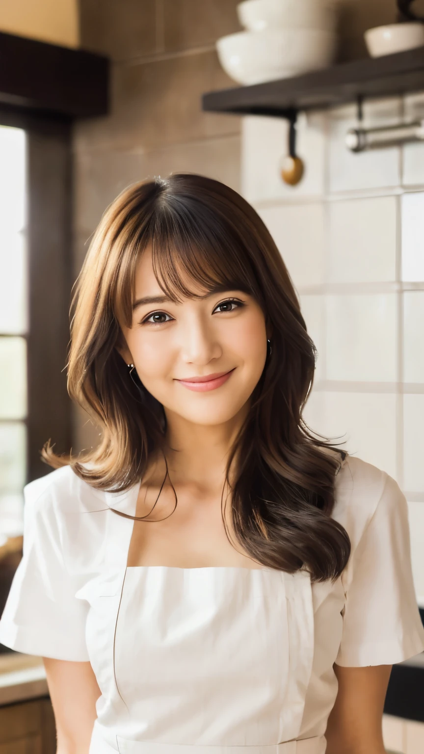 8k,(RAW photo),(best quality),( (masterpiece:1.5)),(ultra detailed),(ultra high res,),( (realistic, photo realistic:1.5)),(extremely detailed, 8k wallpaper),(extremely detailed beautiful woman in her 30s),(extremely detailed face, extremely),(take a beautiful full-body photo),(detailed eyes, extremely detailed skin),(extremely detailed fingers),(extremely detailed nose),(The girl here has her Straight Hair styled),(Soft, alluring smile with a gaze that subtly hints at flirtation, meant to captivate a man.),(She is wearing a neat apron over a white T-shirt),(The background is a typical Japan style kitchen)