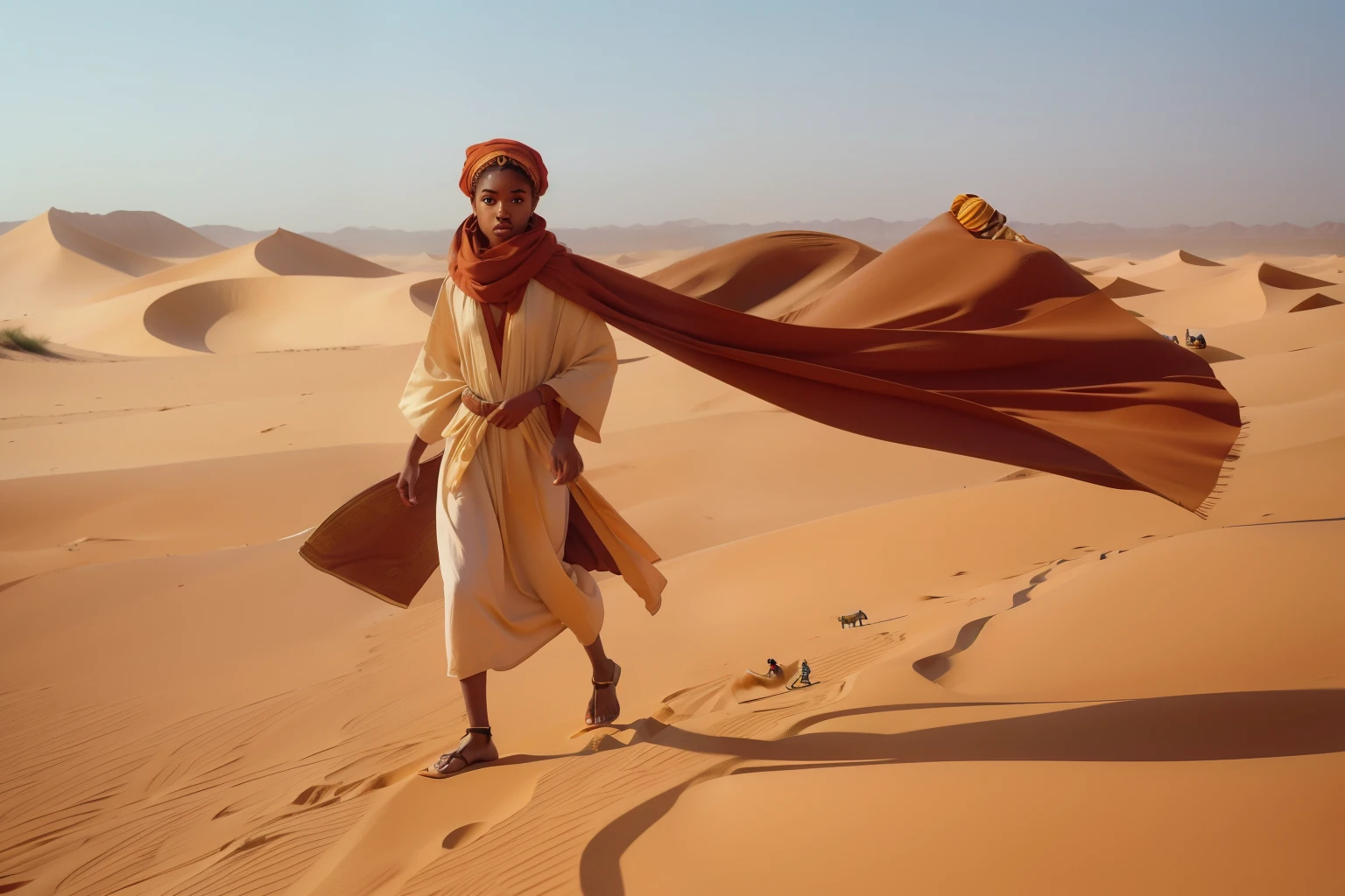 Along the golden sand dunes of an Arabian desert in the 1990s, a fourteen-year-old black girl, with a Bedouin-style scarf and flowing robes, races with a vintage sandboard down the dunes, capturing a moment of exhilarating adventure against a backdrop of endless sands.