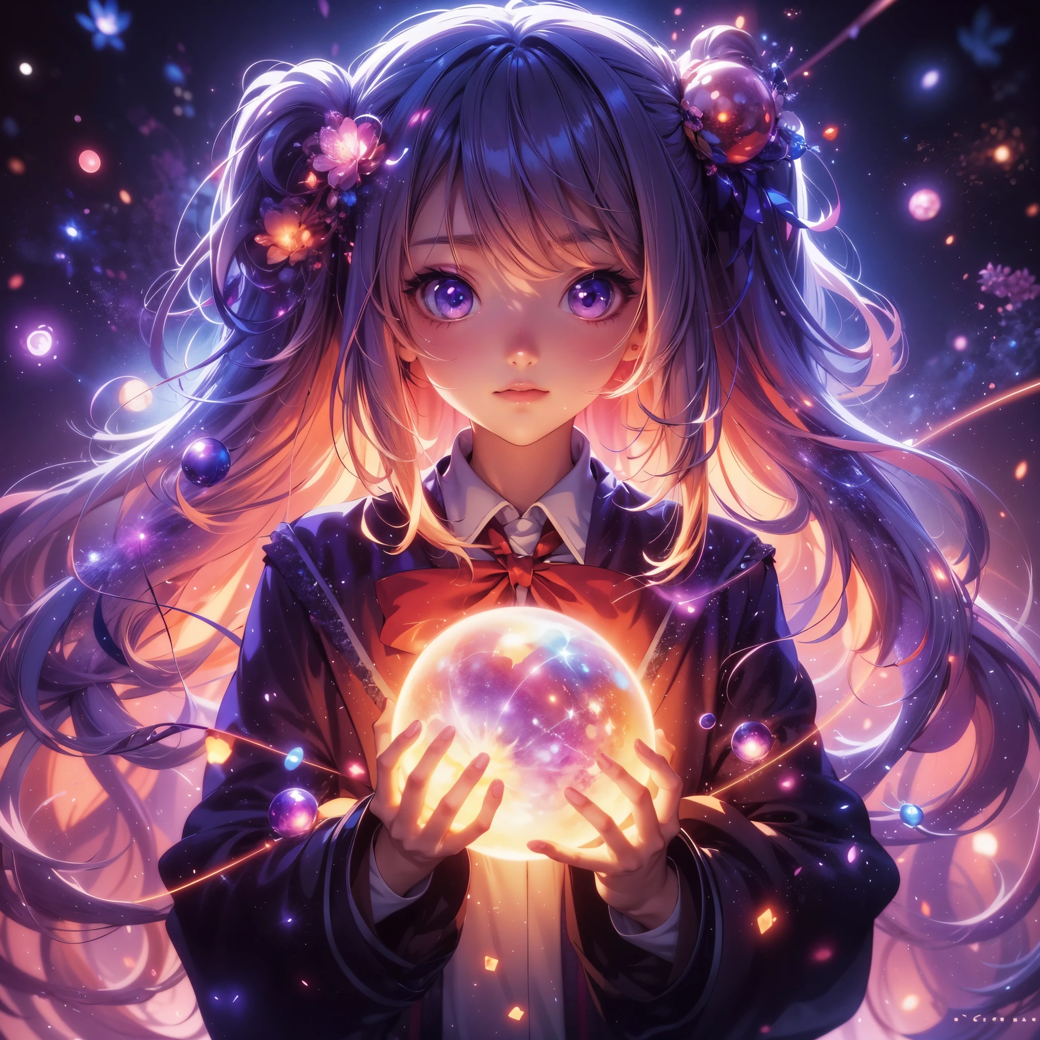 a girl holding a glowing object in her hands, anime style 4 k, inspired by Yuumei, anime girl with cosmic hair, anime art wallpaper 4 k, anime art wallpaper 4k, anime style. 8k, digital art, detailed digital anime art, beeple and jeremiah ketner, anime styled digital art, anime art wallpaper 8 k