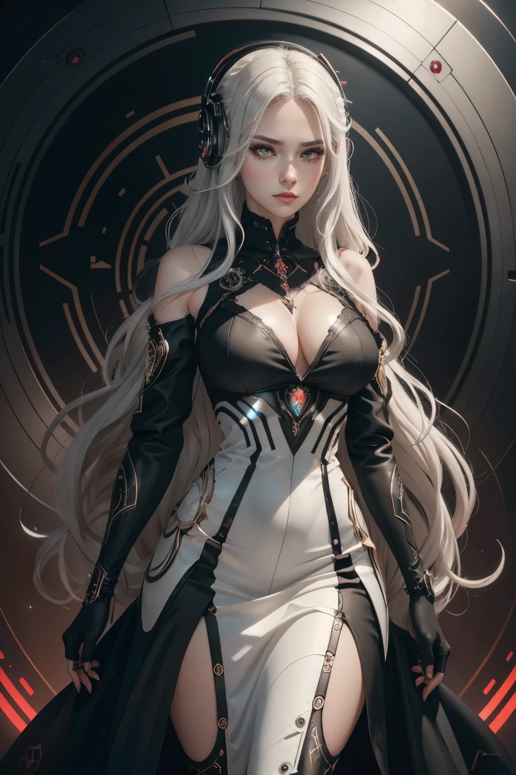 Portrait of a beautiful girl with wavy white hair, wearing a formal black dress with metal parts, red eyes, monograms in the background, digital painting, dark colors, 8k, complex details, vintage, retro futuristic style, sharp focus on the center, pastel colors, art station, (sci-fi, future, future theme), (facial expression looking with disdain), (detailed illustration)