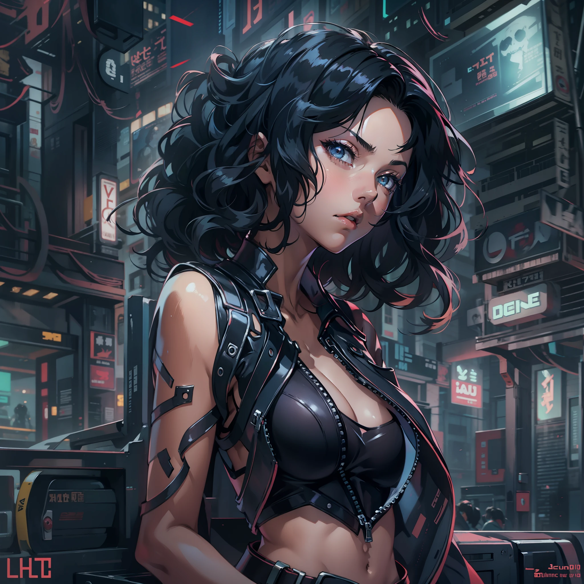 garota magra, branca, black hair curled and shabby, pose muito sensual, Beleza perfeita, Olhos bonitos Glossy Lips, seios muito pequenos aparecendo, mostrando os pequenos seios, cyberpunk