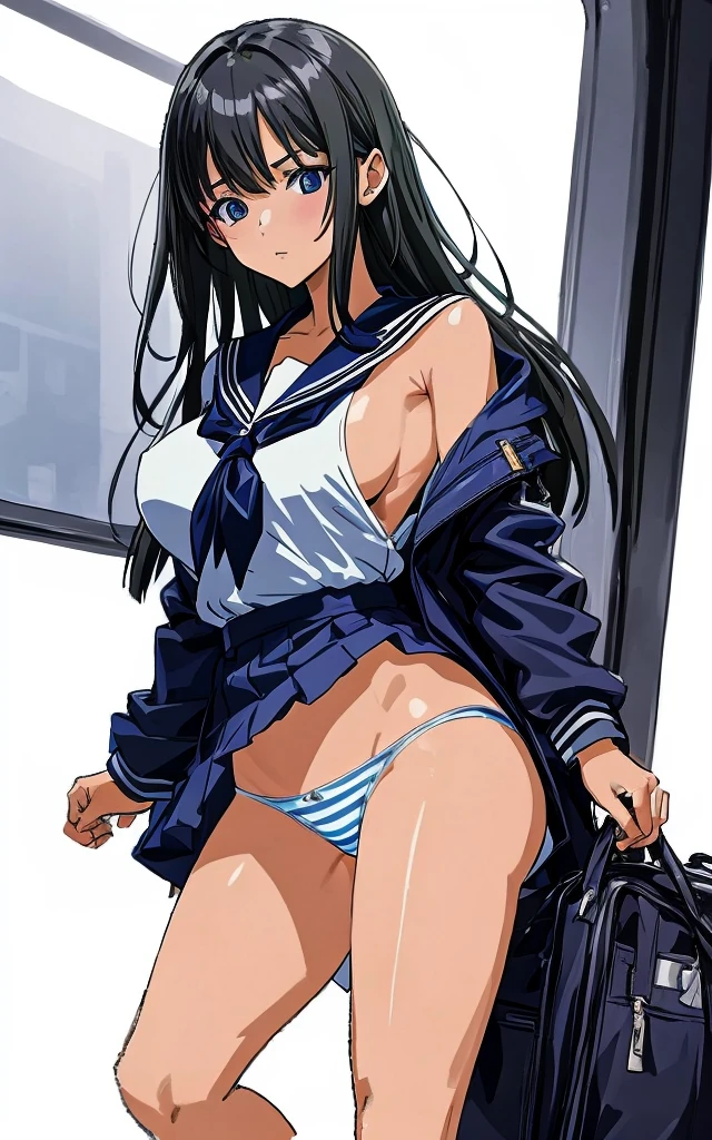 Inside the bus, a beautiful woman with shoulder-length black hair, big breasts, beautiful legs, and a sharp face is wearing a sailor suit with a white miniskirt, showing her buttocks in pale light blue and blue striped panties, and looking from behind. The panty area of my butt is being stroked by a middle-aged man in a suit.。