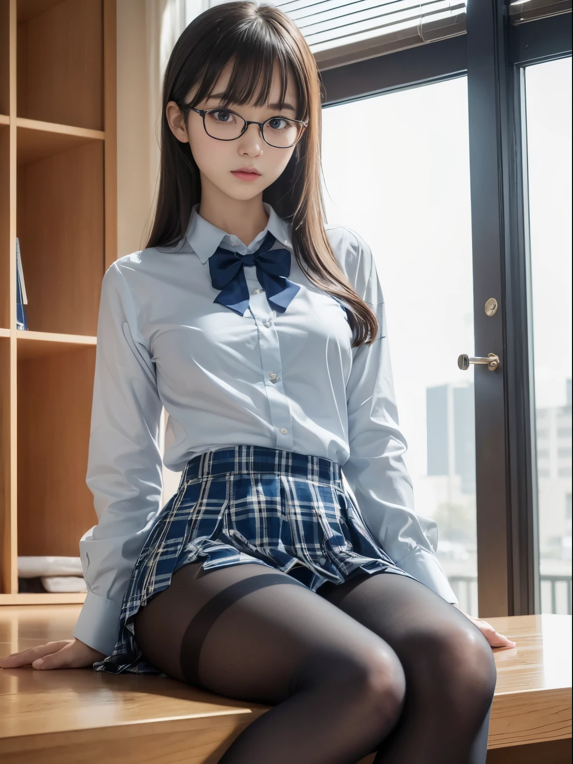 (I can see my underwear)、((細いeye))、((細いeye))、((細いeye))、(8K、生photographgraphy、highest quality、masterpiece:1.2),、small、(flat chest)、(flat chest)、(flat chest)、(flat chest)、(flat chest)、(Are thin)、Fair skin、Whitening、dark look、skinny,sex appeal,Fair skin肌,Saucy,School,looking at the viewer,looking straight ahead,high-pitched clothes,erotic,students,white skin,knees,((black pantyhose)),((black pantyhose)),disorganized,(small face),(small face),I can see the forehead,Bangs hanging from the left and right sides of the forehead,(cold look,eyeがきつめ,glare,bullish,anger)、masterpiece,highest quality、ultra high resolution,生photograph,beautiful,beautiful,There is only one person, solo,Glasses,,dark look,small breasts same,full body,(まるGlasses),JK uniform,high school girl,japanese woman, (photorealistic:1.37)、photon mapping,Reality、beautiful woman,cute baby face,ブラウンeye、black socks、(red bow tie)、radio city、Physically based rendering、depth of field rally background、photograph,body,beautiful feet, long legs, thin legs,(I can see my bangs), Hairy pubic area, lips, blue_eye, nose soft,(light blue dress shirt), (Navy, blue and white plaid pleated skirt), kneesが見える,transparent clothing,, Peaches, black cotton socks,Nogizaka Idol, , japanese idol