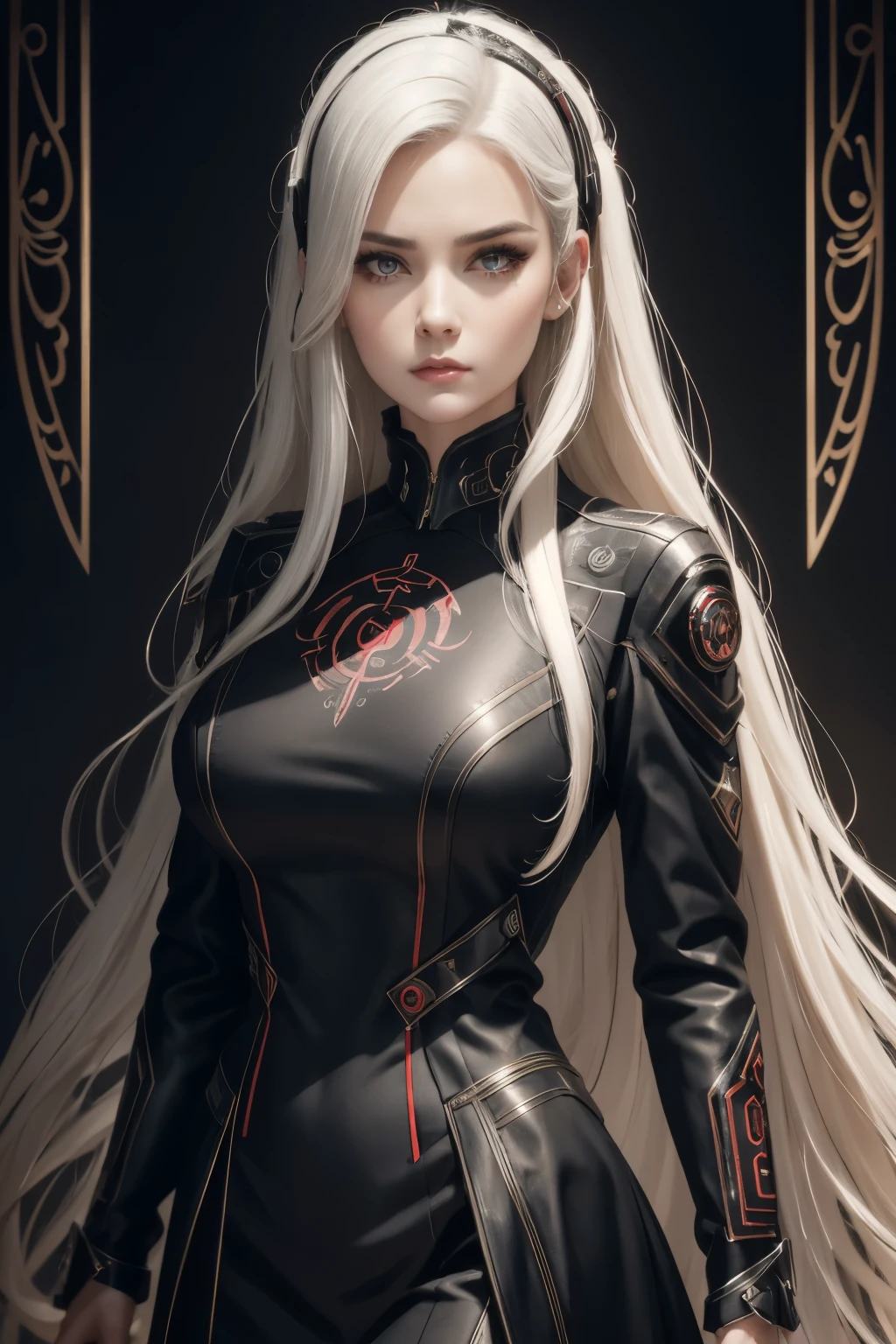 Portrait of a beautiful girl with wavy white hair, wearing a formal black dress with metal parts, red eyes, monograms in the background, digital painting, dark colors, 8k, complex details, vintage, retro futuristic style, sharp focus on the center, pastel colors, art station, (sci-fi, future, future theme), (facial expression looking with disdain), (detailed illustration)