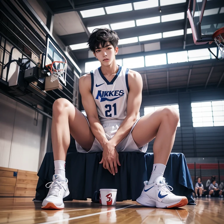1 Korean young men,male,20 years old,High,Height is 180 cm,Hair is medium length,Basketball jersey,white shorts,Nike shoes,White sport socks,Sit on the basketball court,legs open,Badass anime 4k ,POV perspective,Proud,Cold,looking into camera