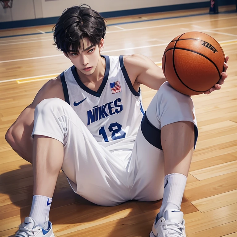 1 Korean young men,male,20 years old,High,Height is 180 cm,Hair is medium length,Basketball jersey,white pants,Nike shoes,White sport socks,Sit on the basketball court,legs open,Badass anime 4k ,POV perspective,Proud,Cold,looking into camera