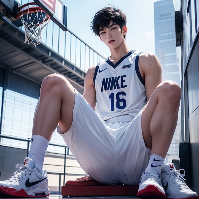 1 Korean young men,male,20 years old,High,Height is 180 cm,Hair is medium length,Basketball jersey,white pants,Nike shoes,White sport socks,Sit on the basketball court,legs open,Badass anime 4k ,POV perspective,Proud,Cold,looking into camera