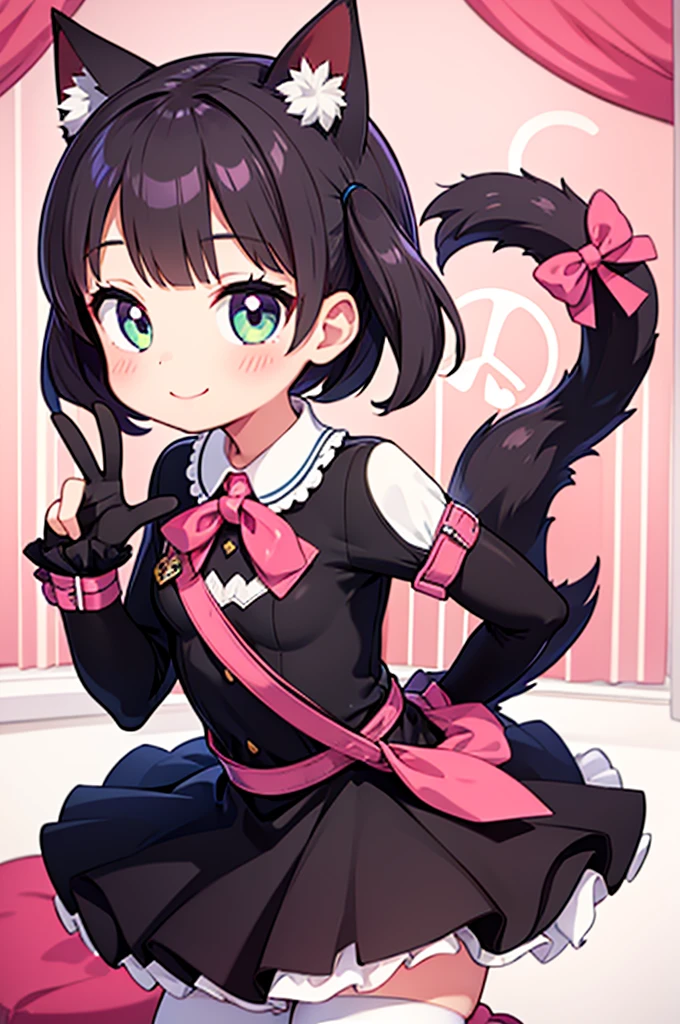 1 girl,catwoman,animal ears,Tail,looking at the audience,Smile,peace sign,pink kawaii room,heart project,ribbon,permanent,White stockings