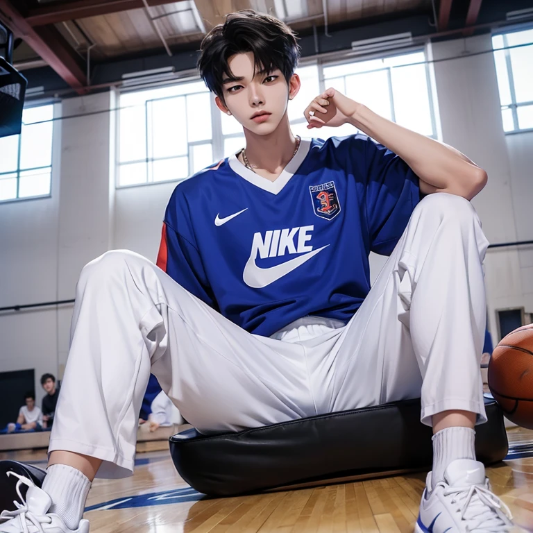 1 Korean young men，male，20 years old，High，Height is 180 cm，Hair is medium length，Basketball jersey，white pants，Nike shoes，White sport socks，Sit on the basketball court，legs open，Badass anime 4k ，POV perspective，Proud，Cold，looking into camera