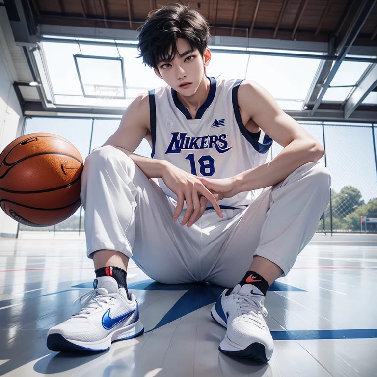 1 Korean young men,male,20 years old,High,Height is 180 cm,Hair is medium length,Basketball jersey,white pants,Nike shoes,White sport socks,Sit on the basketball court,legs open,Badass anime 4k ,POV perspective,Proud,Cold,looking into camera