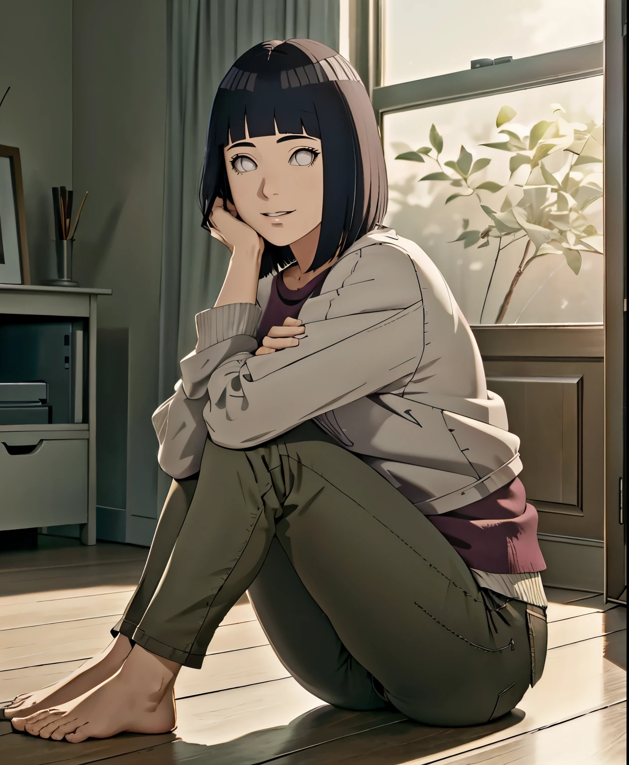 (best quality,4k,8k,Alto,master part:1.2),ultra-detalhado,(Realistic,fotorrealista,photo-realistic:1.37), hinata hyuuga, Boruto, cabelos longos ondulados, sorriso delicado, 1 girl, delicate appearance, body curvy, Terno casual, Dentro de casa, Casa moderna, tempo nublado, De frente para o espelho, Retrato, tom de cor sutil, soft lighting, legging pants, cabelo cumprido, sentada na mesa