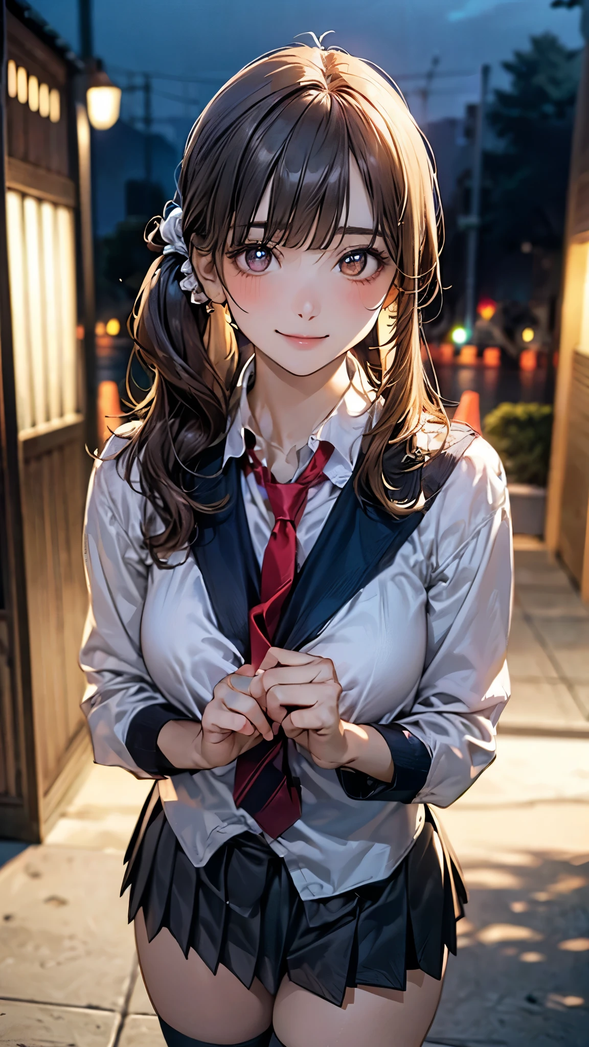(masterpiece:1.2, top-quality), (realistic, photorealistic:1.4), beautiful illustration, (natural side lighting, movie lighting), nsfw,
looking at viewer, cowboy shot, front view:0.6, 1 girl, japanese, high school girl, perfect face, cute and symmetrical face, shiny skin,
(long hair:1.6, side ponytail:1.5, light brown hair), blunt bangs, gold eyes, long eye lasher, (large breasts:0.8, thick thighs),
beautiful hair, beautiful face, beautiful detailed eyes, beautiful clavicle, beautiful body, beautiful chest, beautiful thigh, beautiful legs, beautiful fingers,
(((navy jacket), white collared shirts, grey pleated mini skirt, black socks, black loafers, red tie)),
(beautiful scenery), evening, riverside, standing, (cute, lovely smile, upper eyes),