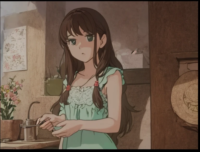 A beautiful woman with long brown hair is standing in a green dress-like outfit。