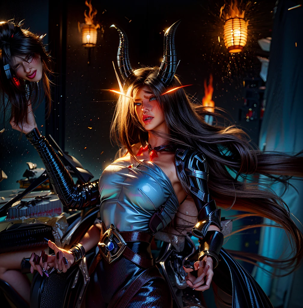 (masterpiece, best quality), (Photo realistic), 1lady, solo, demon horns, (dragon, art by hermann nitsch, zdzislaw beksinski, dariusz zawadzki, giger), white long curly hair, beautiful, realistic pretty face, Night elf, demonhunter, big voluptuous breasts, dense long eyelashes, sexy leather armor, ultra high detailed, evil smile, dramatic lighting, photo realistic, ray tracing, cinematic lighting, Fujicolor, 8k, hd, highres, high quality, best quality, award winning, super detail, anatomically correct, Full body image, masterpiece, warcraft