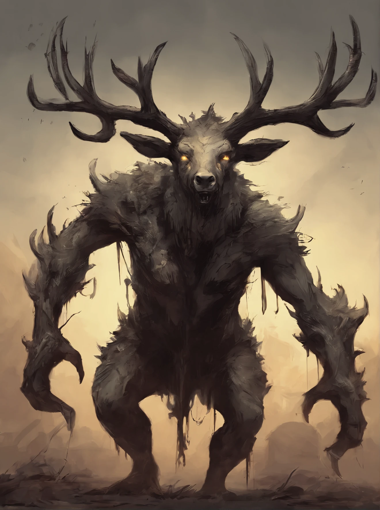 monster deer, minotaurus, concept oil painting, game enemy, mob, scarry creature, 4k, detailed painting, painting style, ugly monster, awful, horror monster, paint artifacts, sepia, screaming, evil face, standing on 2 legs, have 2 long arms, standing backwards, mythology, no landscape, black/gray/yellow/sand, night,