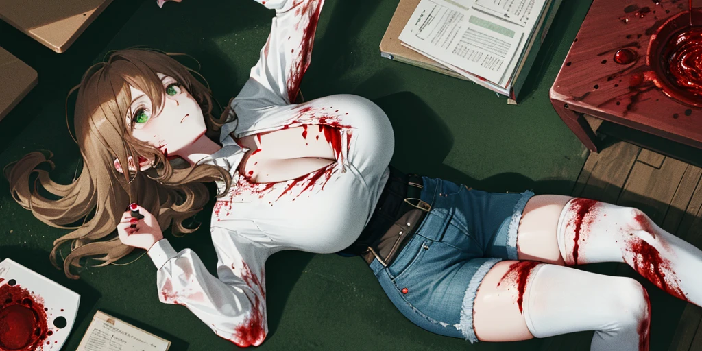 (lying on the ground:1.2), Lisa, genshin impact, 1 girl, alone, ((white shirt)), black Thighhighs, huge breasts, cleavage, uniform, office background, denim shorts, office, hair between eyes, messy hair, big breasts, long hair, ((Killed)), ((From above)), (cinematic lighting), (Place your arms on the ground), (Bloody ground), dutch angle, ((Sea of Blood)), ((Bloody Body)), (rape face), (((horror))), ((Put your arms on the ground)), (hair hanging on the ground), brown hair, red short nails, green eyes, alone, Thighhighs, thick thighs, very long hair, ((masterpiece)), ((highest quality)), classroom, board, class board, 