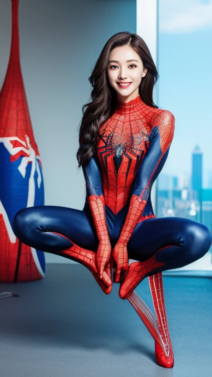 ((highest quality)), (8K), (masterpiece)), (Full body to toes:1.4)、 beautiful woman with perfect figure: 1.4, , (spiderman continues), Highly detailed face and skin texture, fine eyes, double eyelid, (big breasts), (smile),(Tokyo Skytree)､(Are standing)、