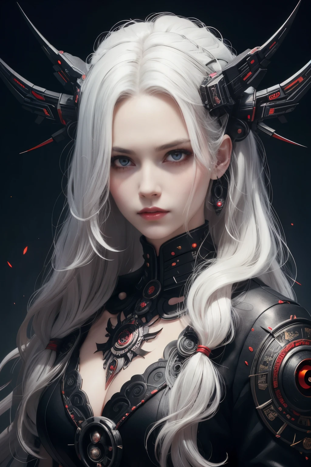 Portrait of a beautiful girl with wavy white hair, wearing a formal black dress with metal parts, red eyes, monograms in the background, digital painting, dark colors, 8k, complex details, vintage, retro futuristic style, sharp focus on the center, pastel colors, art station, (sci-fi, future, future theme), (facial expression looking with disdain), (detailed illustration)