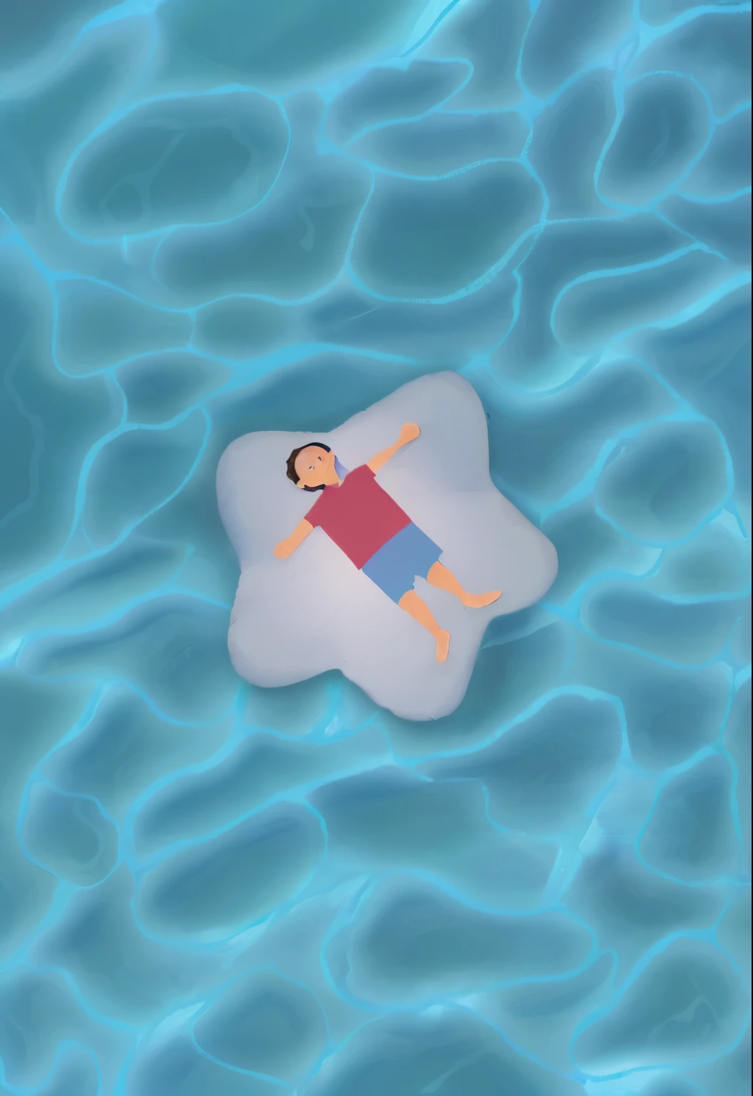 there is a kis floating on a star in a ocean , top down angle, ??? facing sky