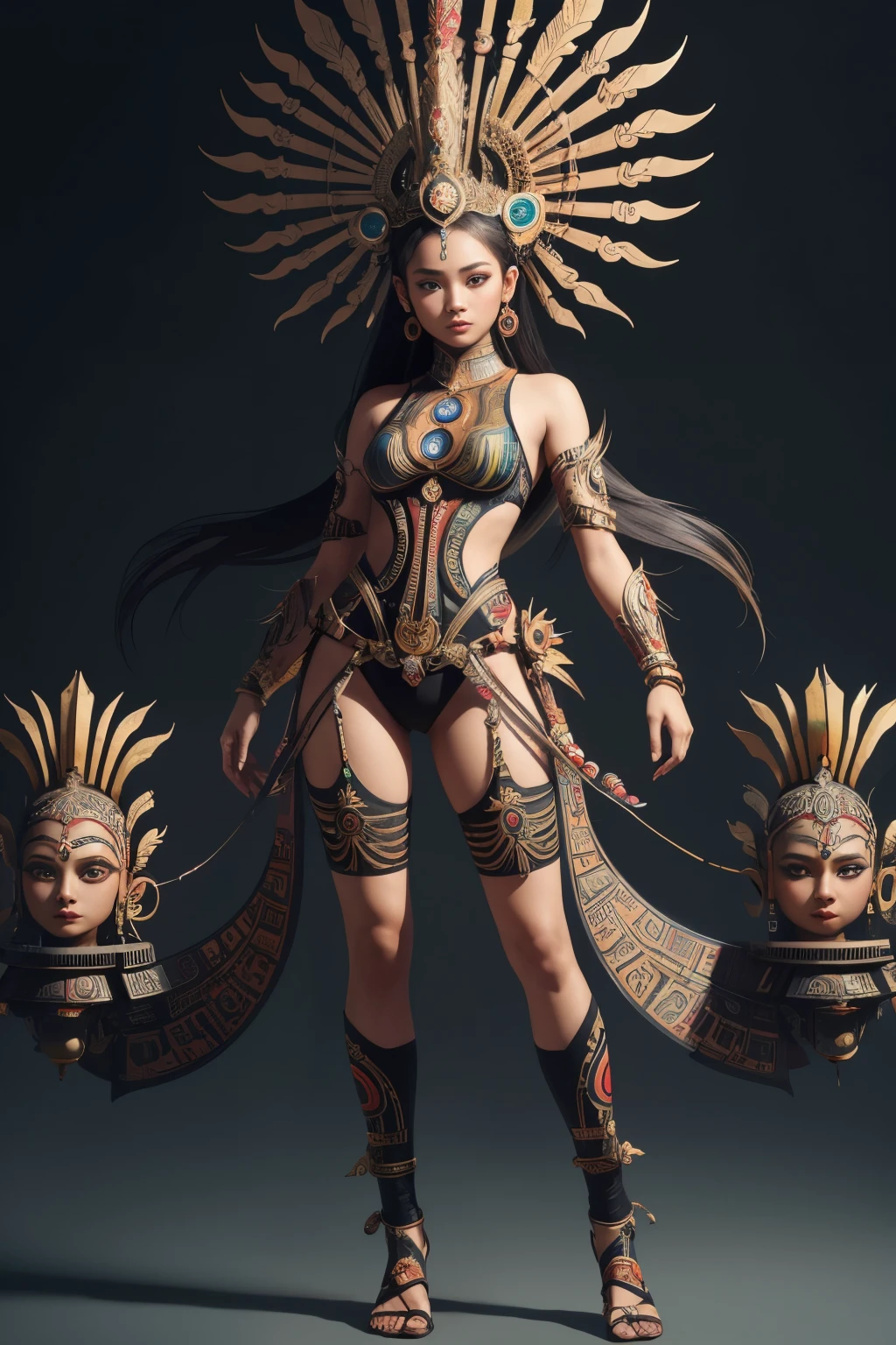 An Indonesian-styled futuristic suit worn by a girl depicting cultural fusion and modern fashion. The suit is adorned with intricate patterns and vibrant colors, showcasing the rich heritage of Indonesia. The girl stands confidently in a dynamic pose, with her detailed eyes reflecting determination and curiosity. The suit's material is a combination of traditional textiles and futuristic synthetic fabrics, giving it a unique and avant-garde appearance. The overall image quality is of the highest standard, with sharp focus and ultra-detailed rendering. The artwork employs physically-based rendering techniques, resulting in realistic lighting and shadows. The colors are vivid and vibrant, capturing the essence of Indonesian cultural aesthetics. The background features a fusion of modern architecture and traditional elements, creating a harmonious blend of the past and the future. The prompt explores the intersection of Indonesian culture, futuristic design, and the artistic representation of a confident girl.