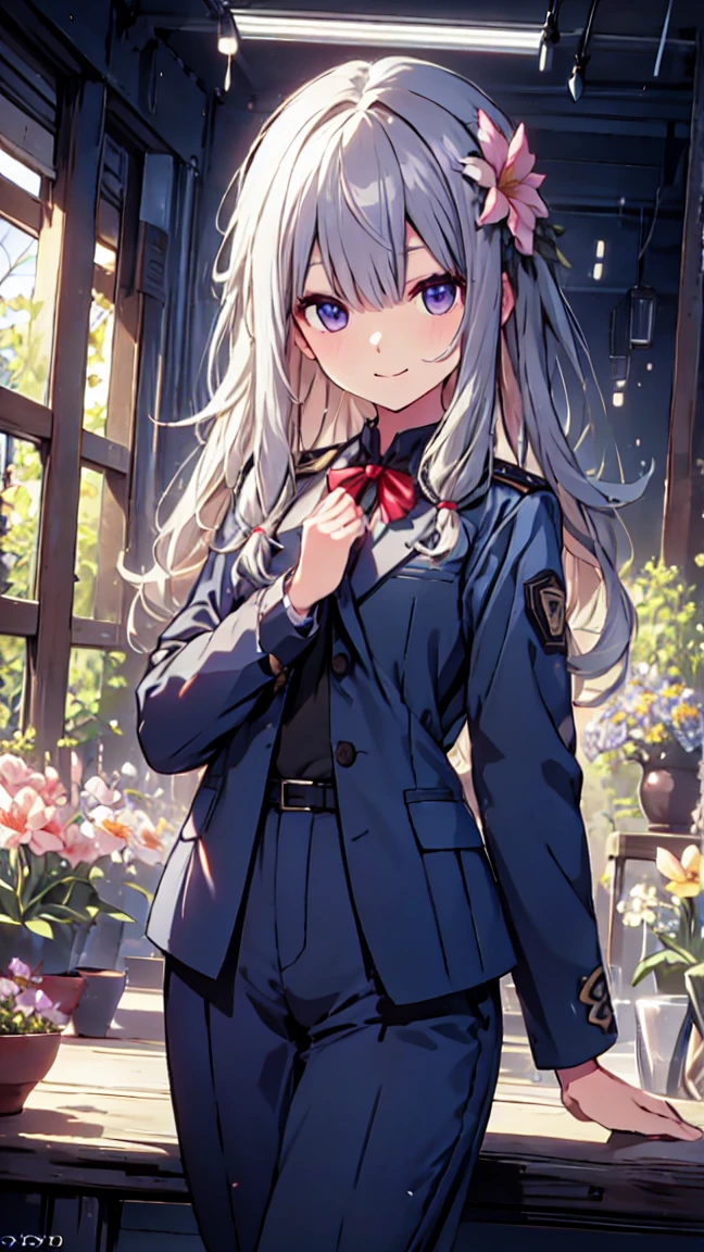 best quality, ultra detailed, absurdres, HDR, 1 loli、A bursting smile、flower garden、slender body、uniform、petite、touch the flowers