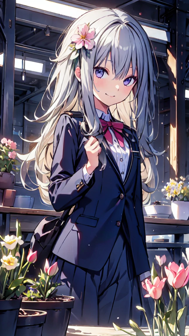 best quality, ultra detailed, absurdres, HDR, 1 li、A bursting smile、flower garden、slender body、uniform、petite、touch the flowers