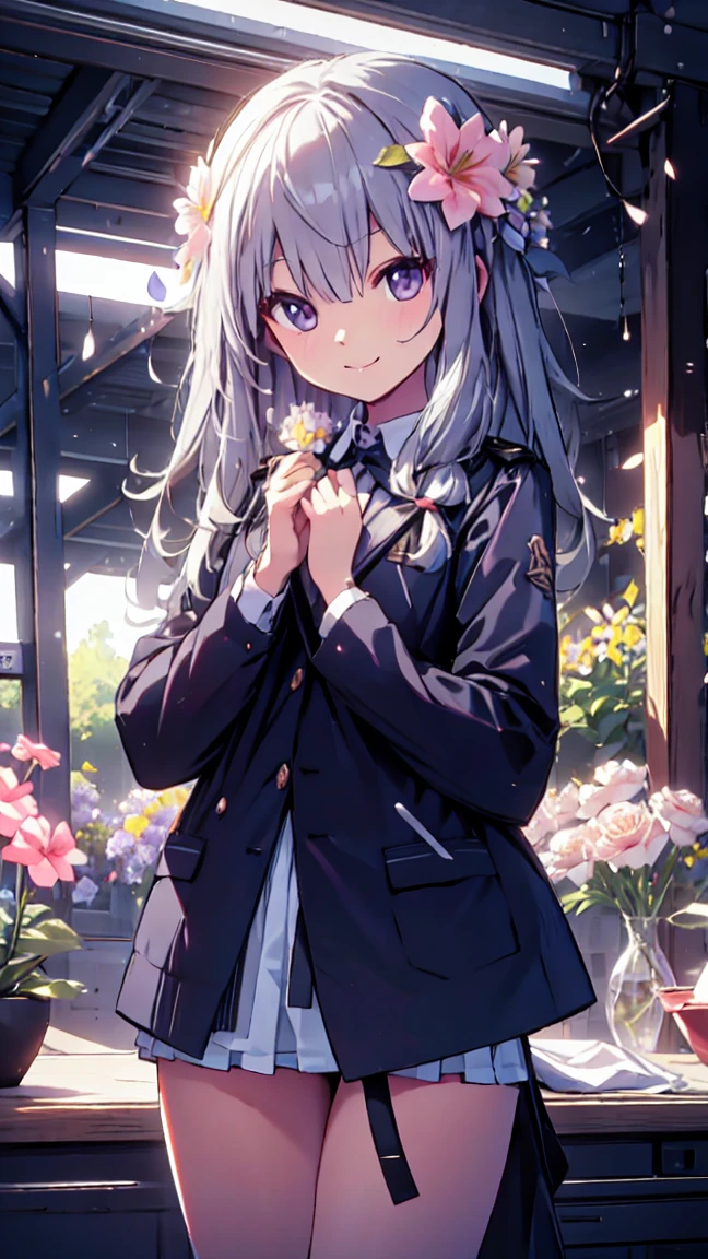 best quality, ultra detailed, absurdres, HDR, 1 loli、A bursting smile、flower garden、slender body、uniform、petite、touch the flowers