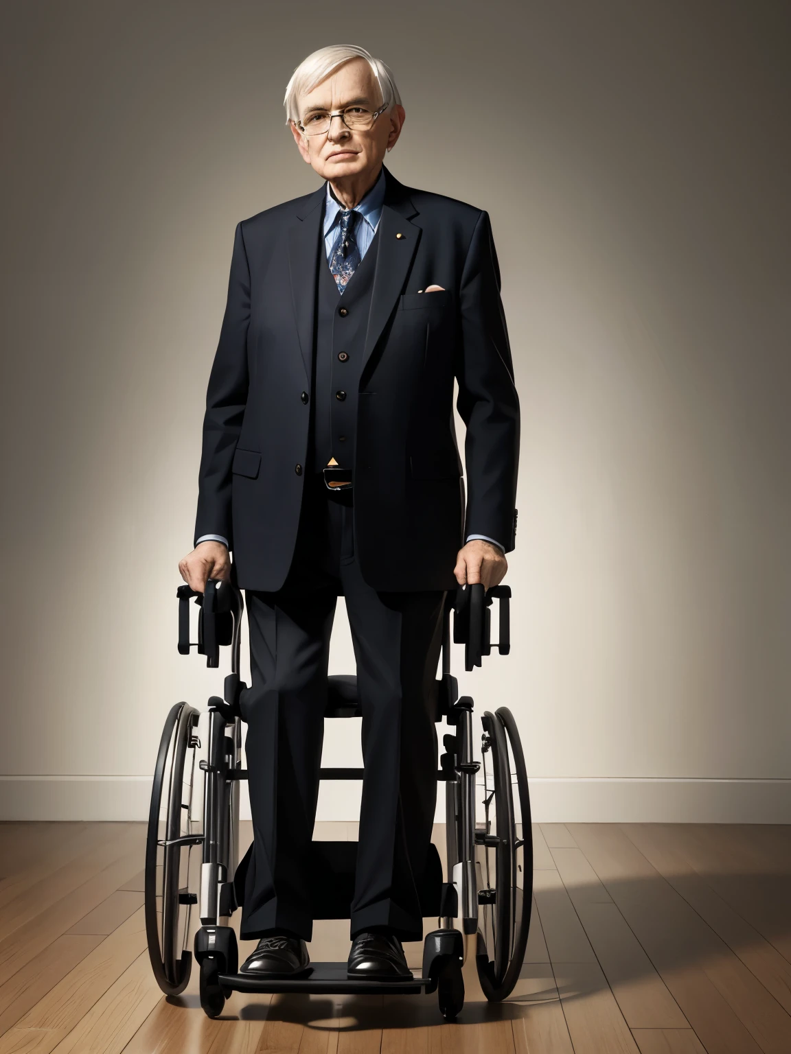 illustration,A 60-year-old American man,stand,full-body shot,There is a wheelchair on the left side of the character,Hawking image