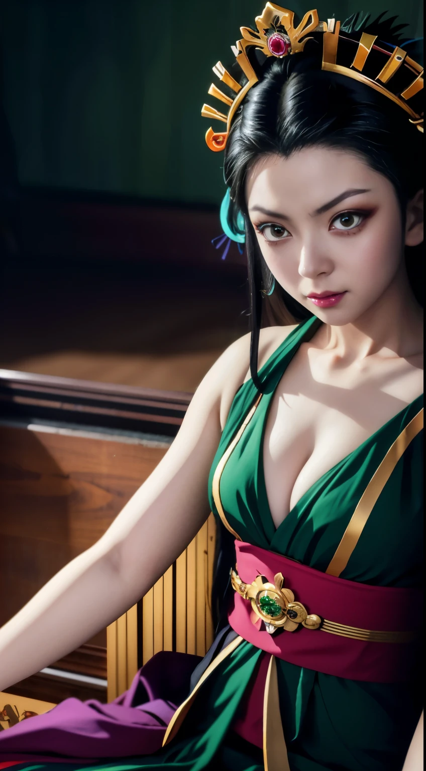 anime character with green eyes and a black hair with a gold crown, onmyoji portrait, screenshot from the anime film, still from anime, onmyoji detailed art, zhongli from genshin impact, nezuko, maya fey from ace attorney, demon slayer artstyle, onmyoji, the godess hera looking angry, nezuko-chan