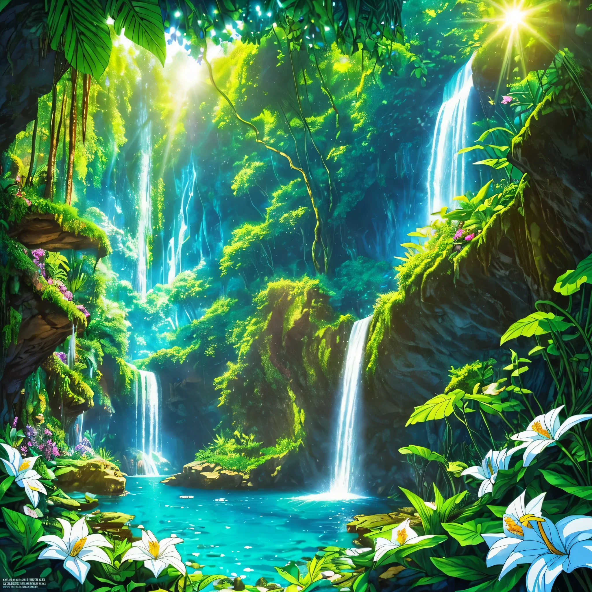 Comic background, cave near waterfall inside enchanted forest, masterpiece,nature,(Waterfall,paradise, nature, plant, flower, water, sunlight, bold outline, glowing white light:1.25)