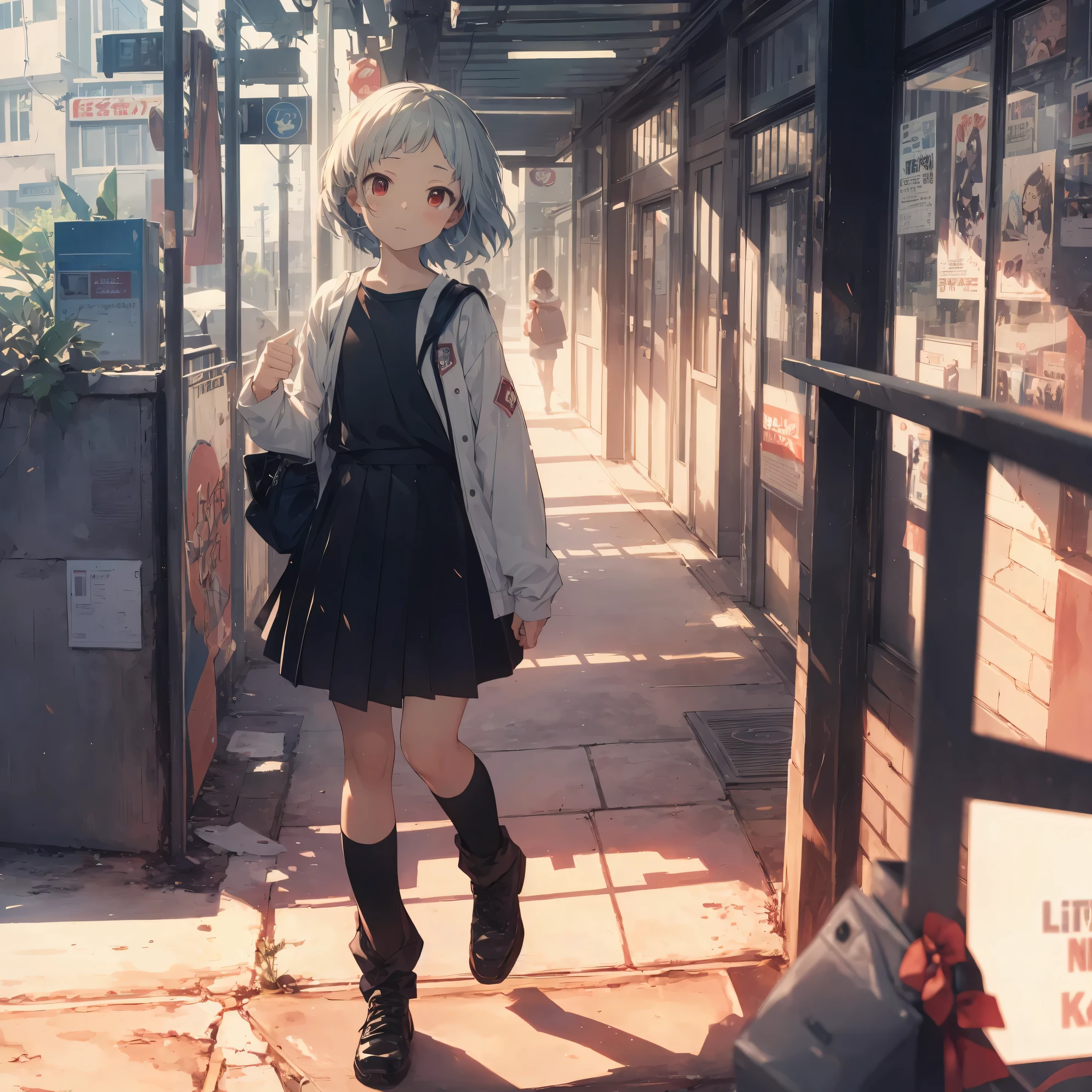 Super high quality by the art god, super detailed, High resolution, Ilya Kubshinov style, anime moe art style, best anime 8K konachan wallpaper, pixiv contest winner, perfect anatomy, break,(眠そうにalone学校へ行く女の子を描いてください. ),break, surreal high school girl, (alone,change, child,13 years old:1.3),All limbs, full finger,Middle school students, androgynous charm, (((super short silver hair:1.2))), blunt short bangs, bowl cut hair, flat chest, small ass, between legs, Small red eyes,beautiful and fine eyes, Well-proportioned iris and pupils, Expressionless, High resolutionの詳細な髪, school uniform, (skirt), On the way to school. break,super dense skin, Best lighting by famous artists, 8K, figure,