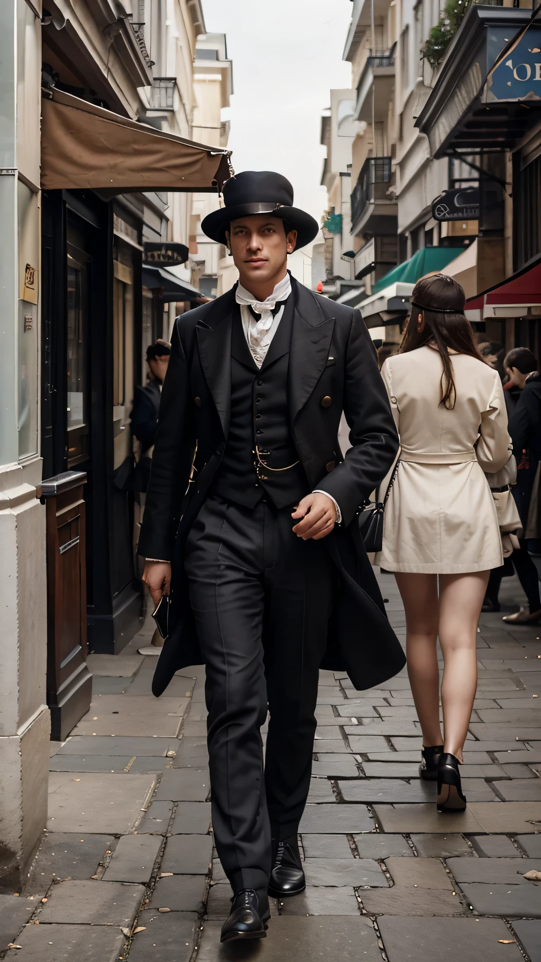 Create a vivid and historically accurate representation of George Psalmanazar in the streets of 18th-century London. Envision Psalmanazar in attire typical of the era, capturing the bustling atmosphere of the city during the 1700s. Place him in a setting that reflects the intellectual and cultural milieu of London, perhaps near a coffeehouse or within a lively street scene. Pay attention to the architectural details of the buildings, fashion of the time, and the general ambiance of the city. Consider including elements that allude to Psalmanazar's deceptive acts, such as an imaginative map or a book with fictional content. Craft an image that immerses viewers in the historical context of George Psalmanazar's life in the vibrant city of London.