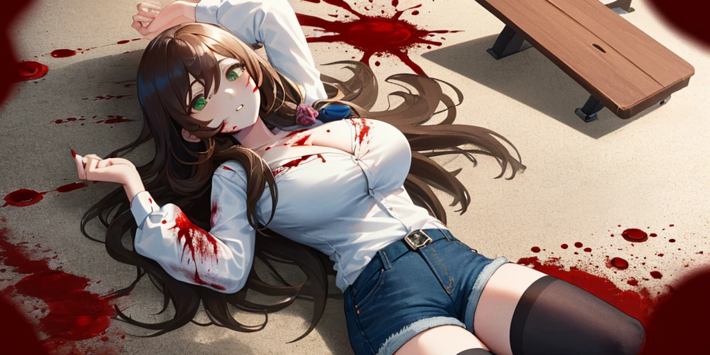 (Lying on the ground), Lisa, genshin impact, 1 girl, alone, ((white shirt)), black Thighhighs, big breasts, cleavage, uniform, ((Killed)), ((From above)), (cinematic lighting), (Put your arms on the ground), (Bloody ground), dutch angle, ((Bloody ground)), ((Bloody Body)), ((rape face)), (((horror))), office background, denim shorts, office, hair between eyes, messy hair, large chest, long hair, brown hair, red short nails, green eyes, alone, Thighhighs, thick thighs, Slender, adult women, very long hair, ((masterpiece)), name tag, id tag, indoor,