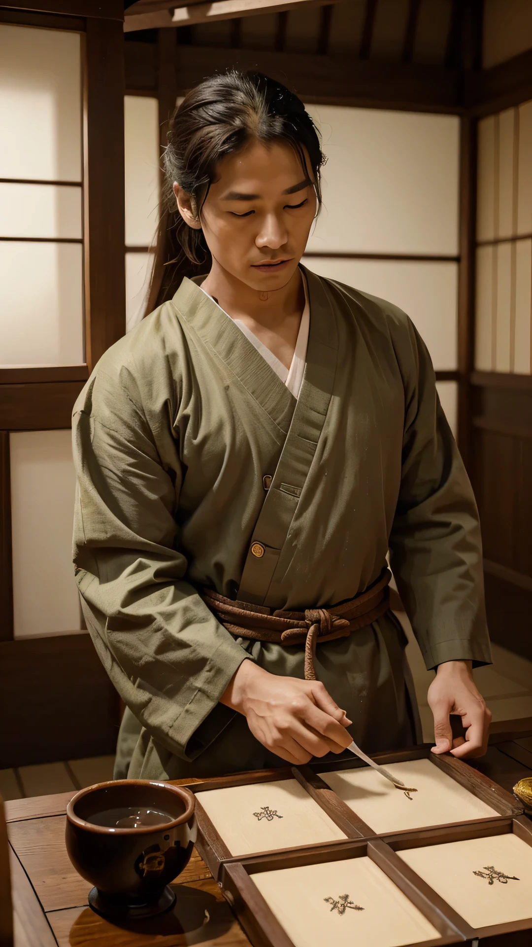 Generate a historically accurate and culturally rich image of a Japanese man from the year 1690. Envision the man with meticulous attention to detail, considering the traditional attire, hairstyle, and facial features of the Edo period. Place him in a setting that reflects the aesthetics and customs of 17th-century Japan, perhaps against the backdrop of a garden, traditional architecture, or a tea house. Pay attention to the finer details such as clothing patterns, accessories, and any relevant cultural artifacts. Infuse the scene with warm, subdued colors to evoke the mood of the historical period. Craft an image that transports viewers to the cultural and historical richness of Japan during the Edo period, capturing the essence of the man's life and surroundings.