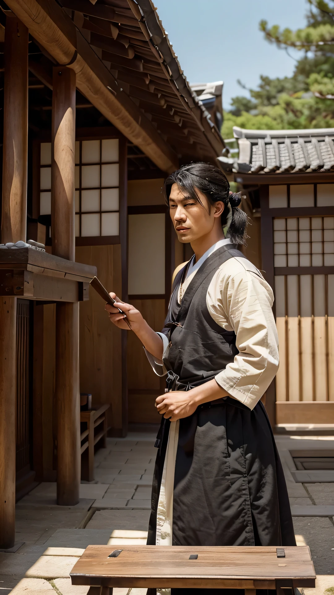 Generate a historically accurate and culturally rich image of a Japanese man from the year 1690. Envision the man with meticulous attention to detail, considering the traditional attire, hairstyle, and facial features of the Edo period. Place him in a setting that reflects the aesthetics and customs of 17th-century Japan, perhaps against the backdrop of a garden, traditional architecture, or a tea house. Pay attention to the finer details such as clothing patterns, accessories, and any relevant cultural artifacts. Infuse the scene with warm, subdued colors to evoke the mood of the historical period. Craft an image that transports viewers to the cultural and historical richness of Japan during the Edo period, capturing the essence of the man's life and surroundings.