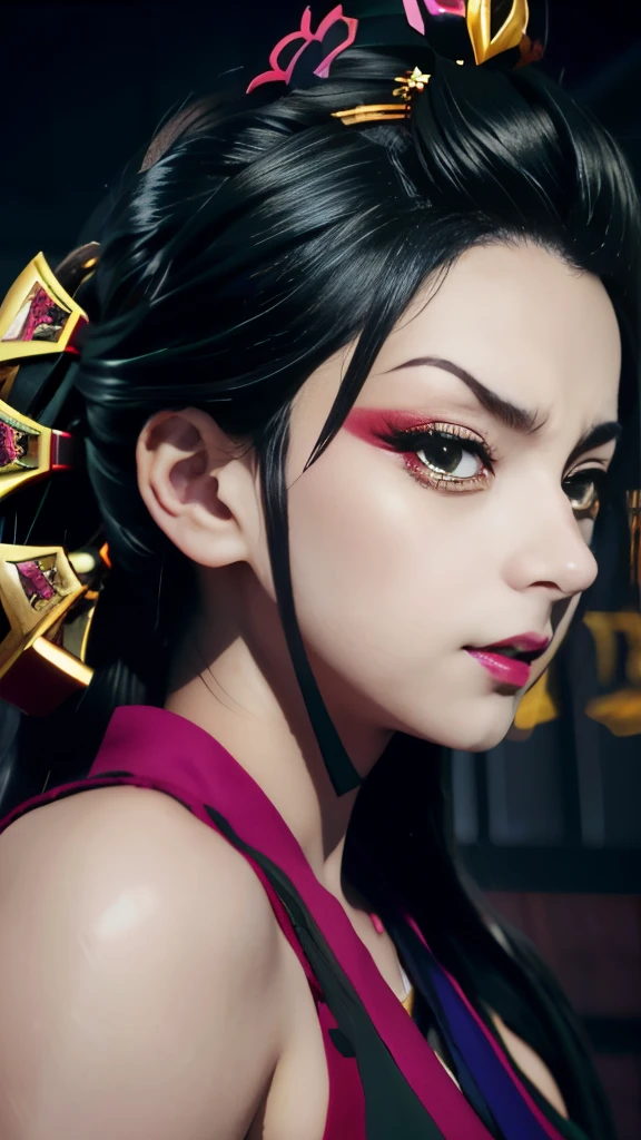 anime character with green eyes and a black hair with a gold crown, onmyoji portrait, screenshot from the anime film, still from anime, onmyoji detailed art, zhongli from genshin impact, nezuko, maya fey from ace attorney, demon slayer artstyle, onmyoji, the godess hera looking angry, nezuko-chan